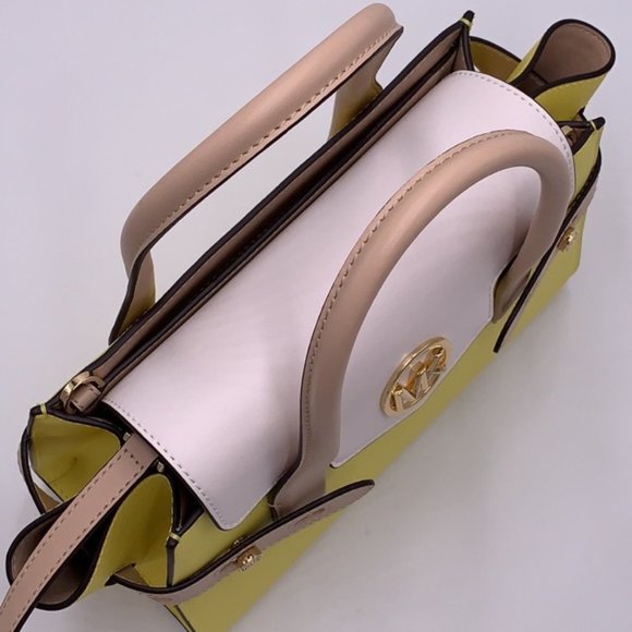 Michael Kors Carmen Medium Colorblock Faux Saffiano Leather Belted Satchel - Picture 13 of 16